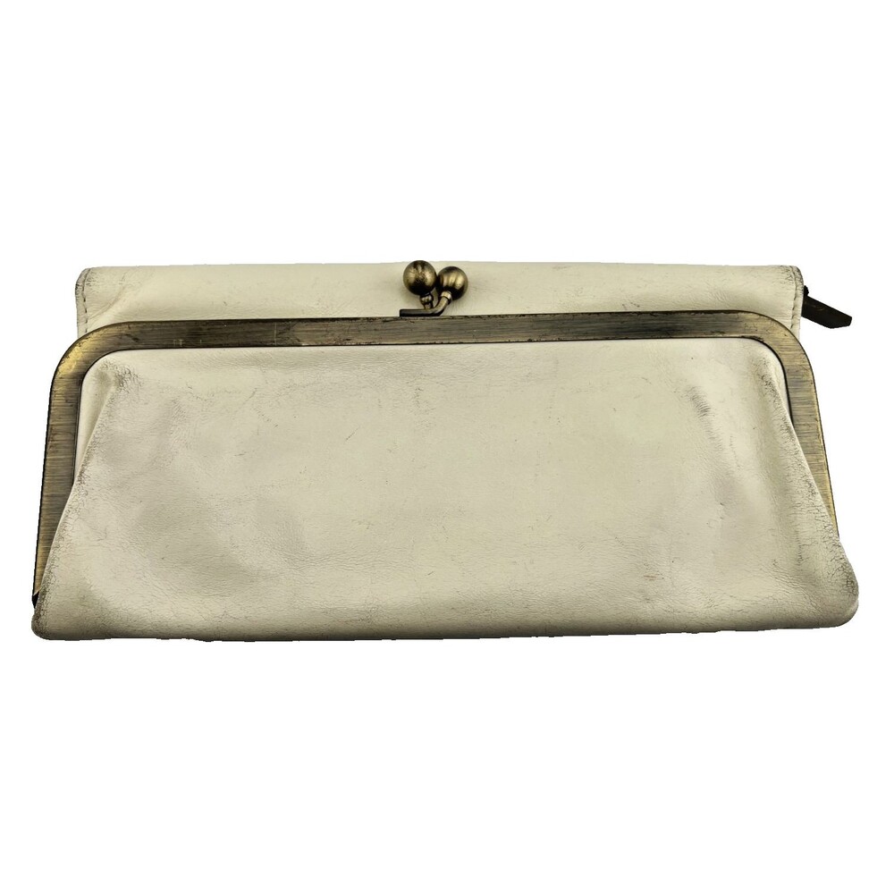 HOBO International Rachel Leather Trifold Clutch Wallet Mirror IVORY Kiss Lock